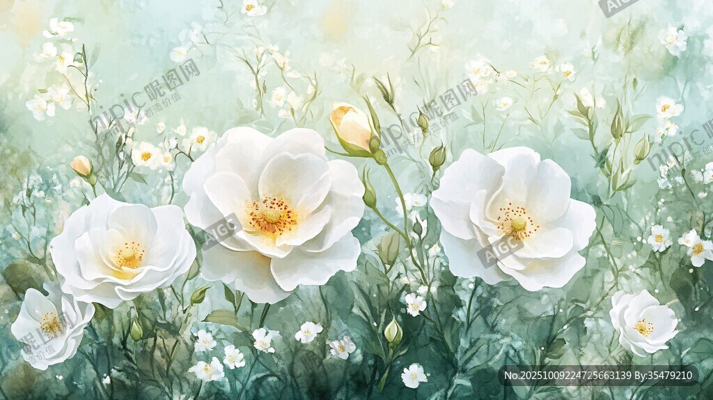 梦幻白花绽放于绿野间