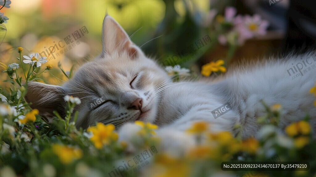 睡在花丛中的可爱小猫咪