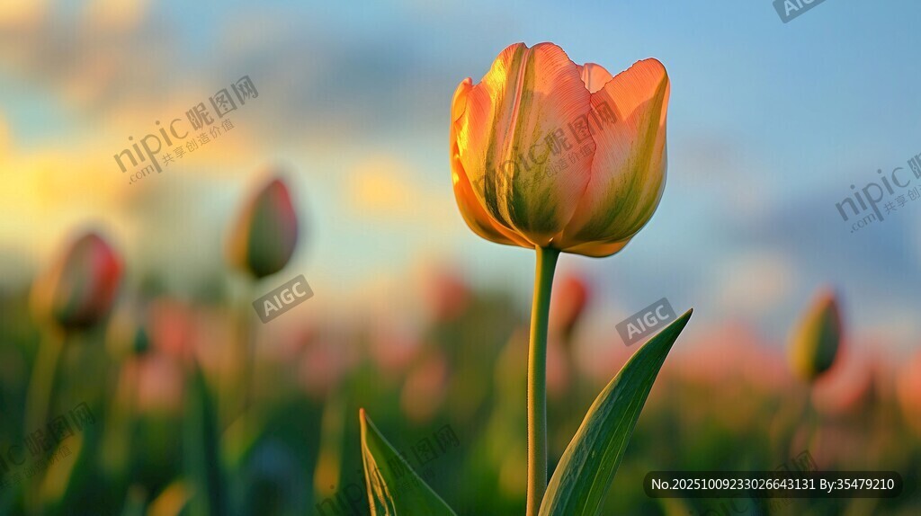夕阳下的单株橙色郁金香