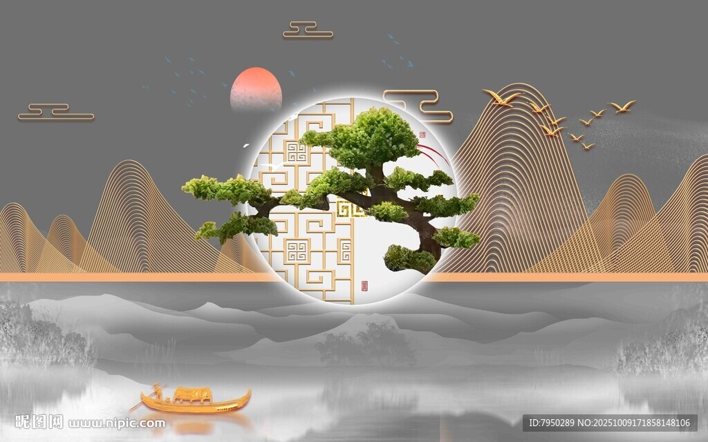 中式山水间的多彩飞鸟