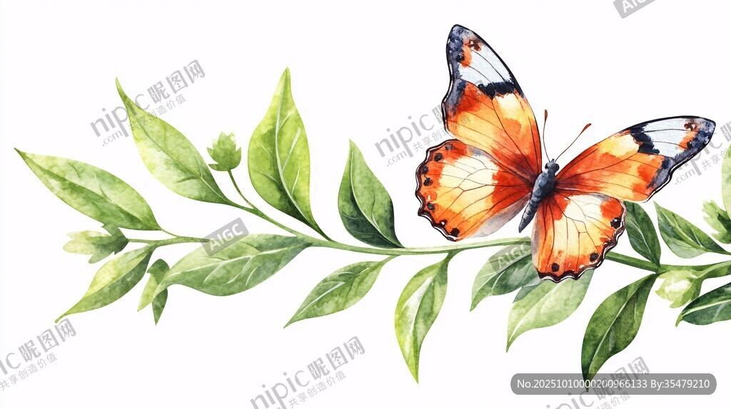 蝴蝶栖于绿叶水彩画