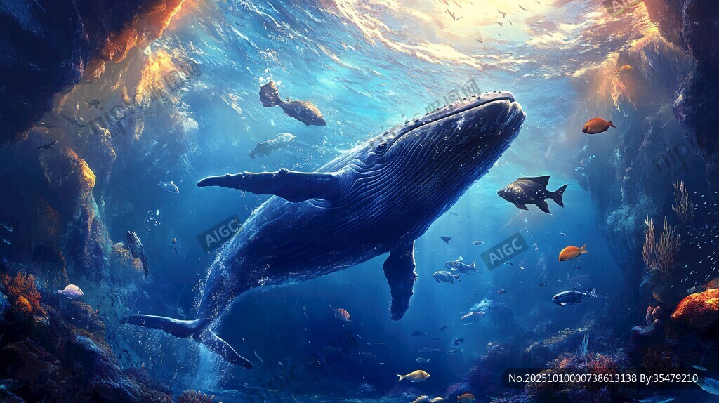 梦幻深海中的鲸鱼与群鱼