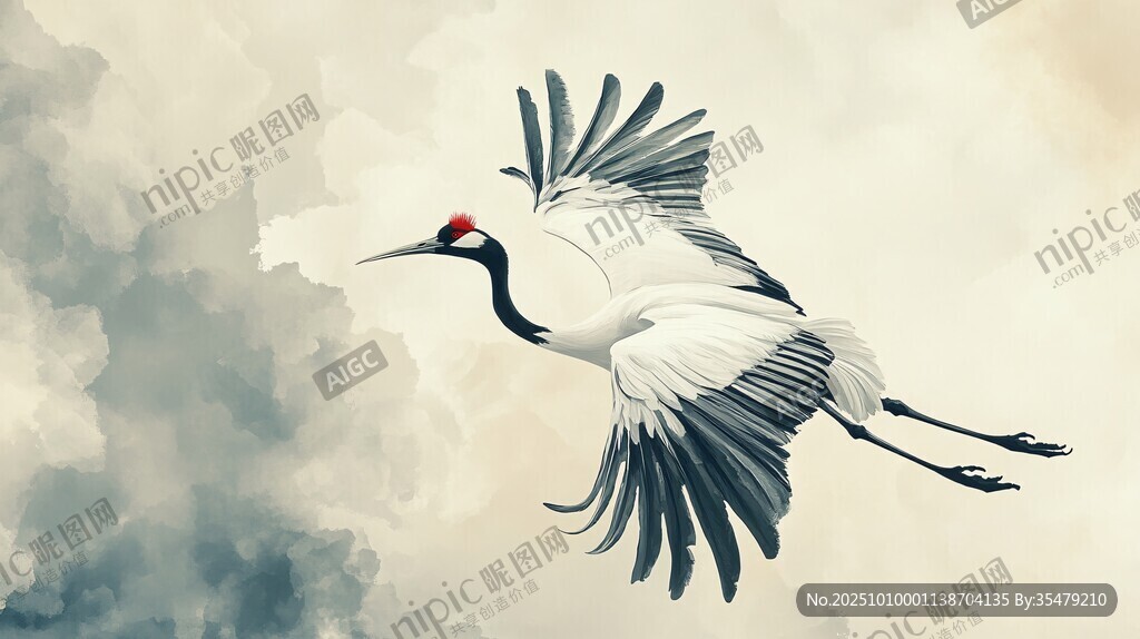 水墨仙鹤展翅翱翔图