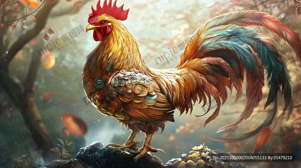 奇幻金羽雄鸡傲立林间