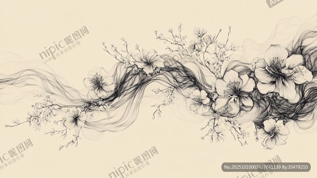 水墨花卉线条艺术插画