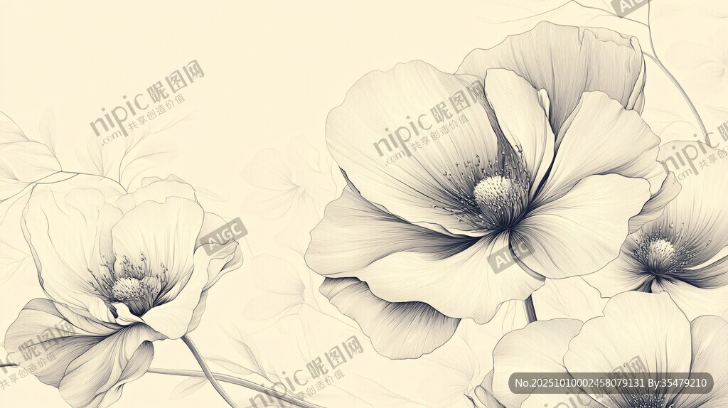 手绘淡雅花卉线条插画