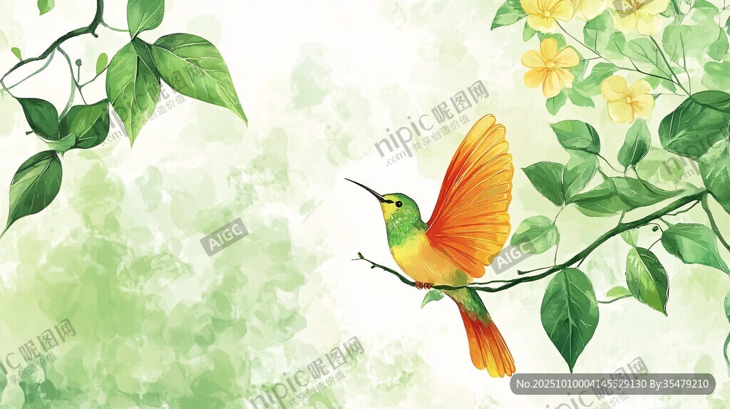 彩羽蜂鸟栖于繁花绿叶间