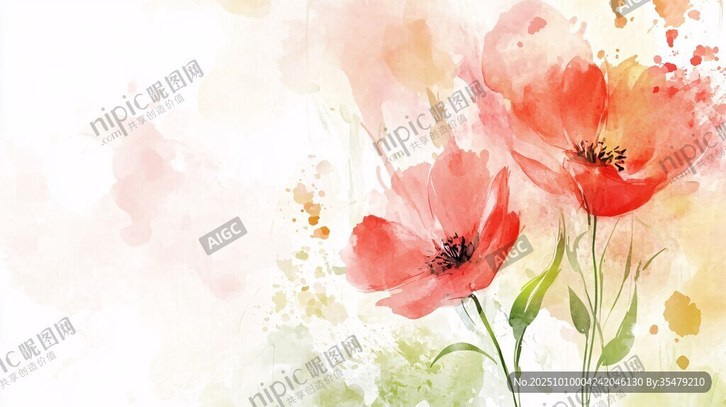 水彩绘就的娇艳红色花朵
