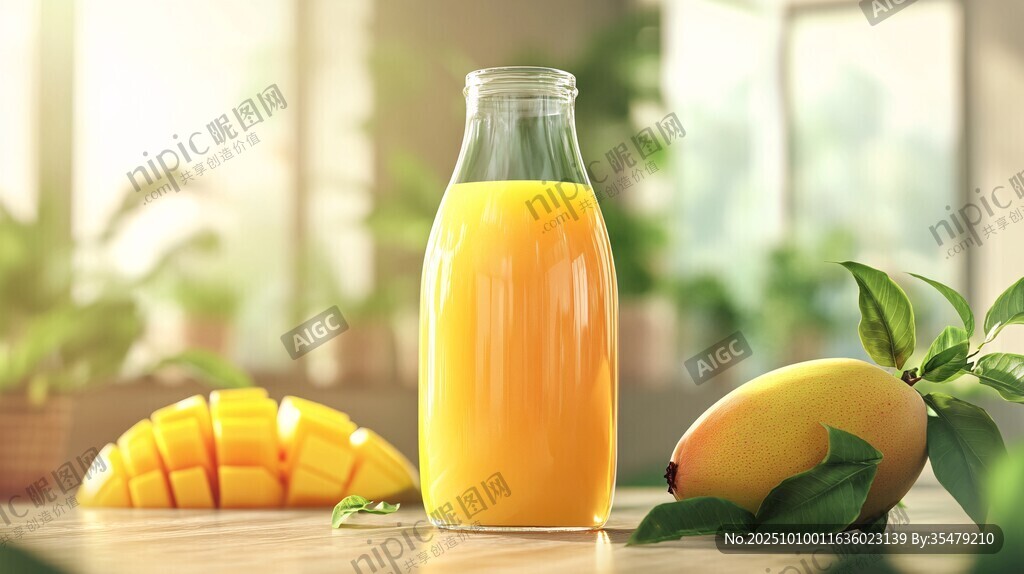 玻璃瓶中的鲜芒果汁与芒果