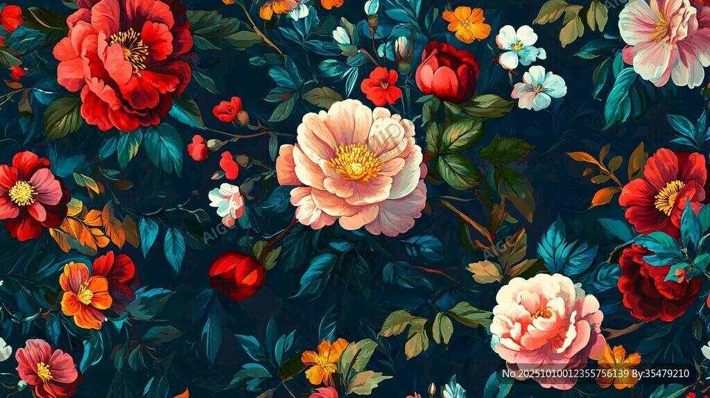 复古花卉图案 深蓝背景花卉