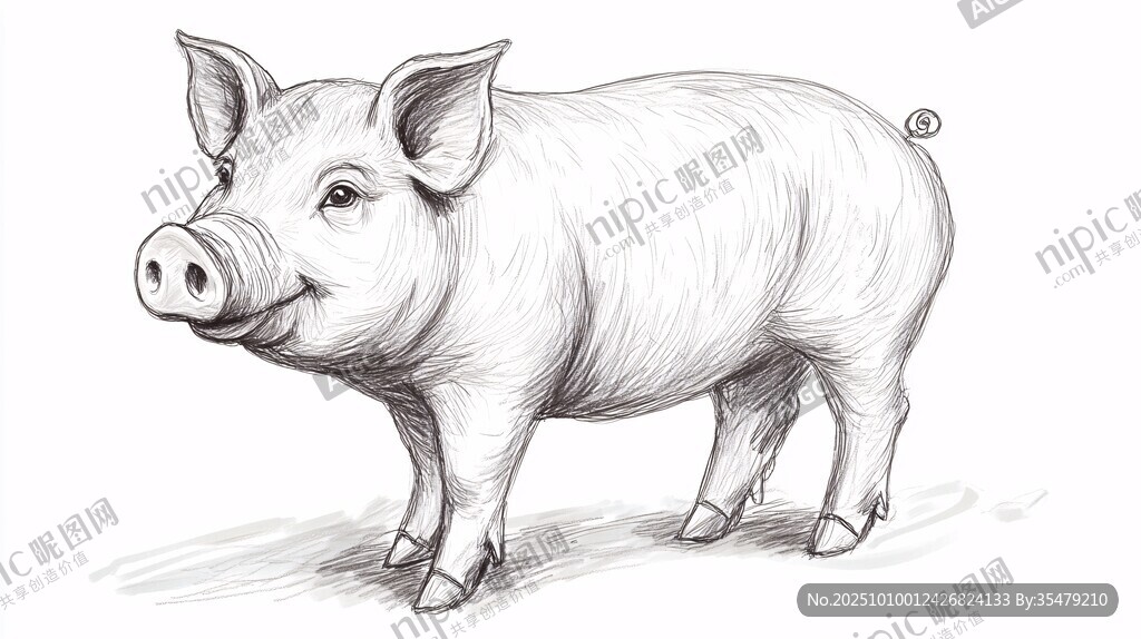 手绘站立小猪素描图