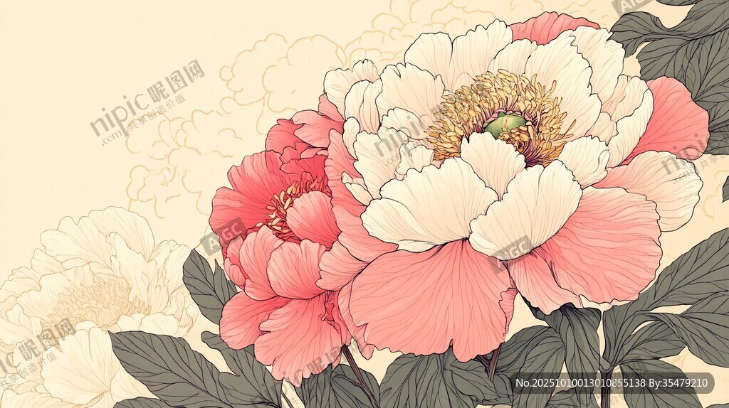 国风牡丹花卉精美插画