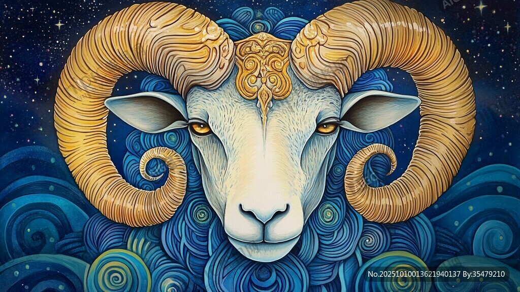 梦幻风格白羊座羊头插画