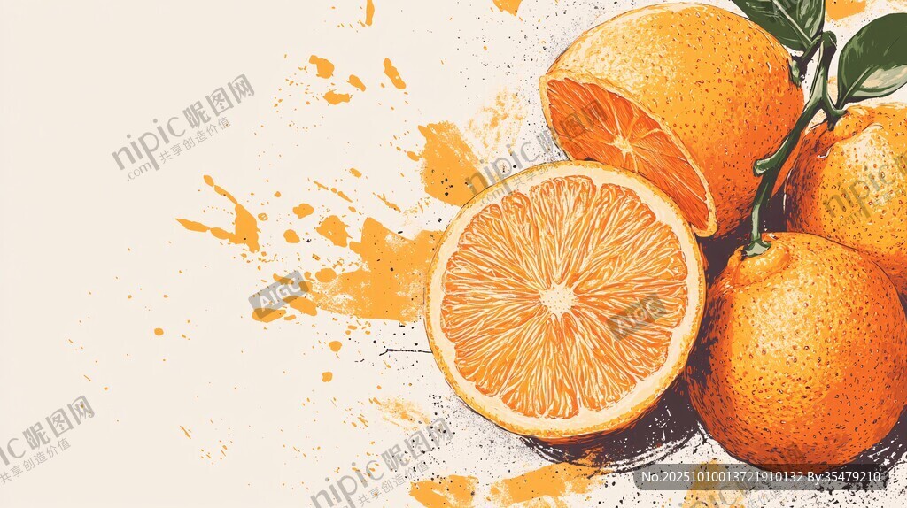 手绘多汁橙子及果汁飞溅