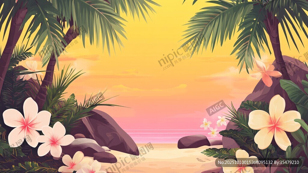 热带海滩黄昏花卉美景