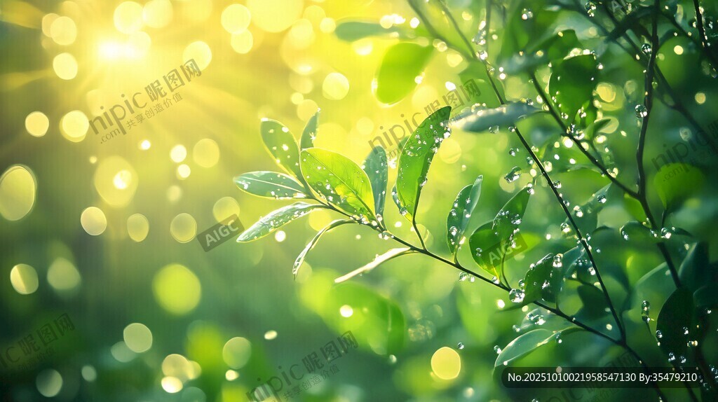 清晨阳光下带露珠的绿叶