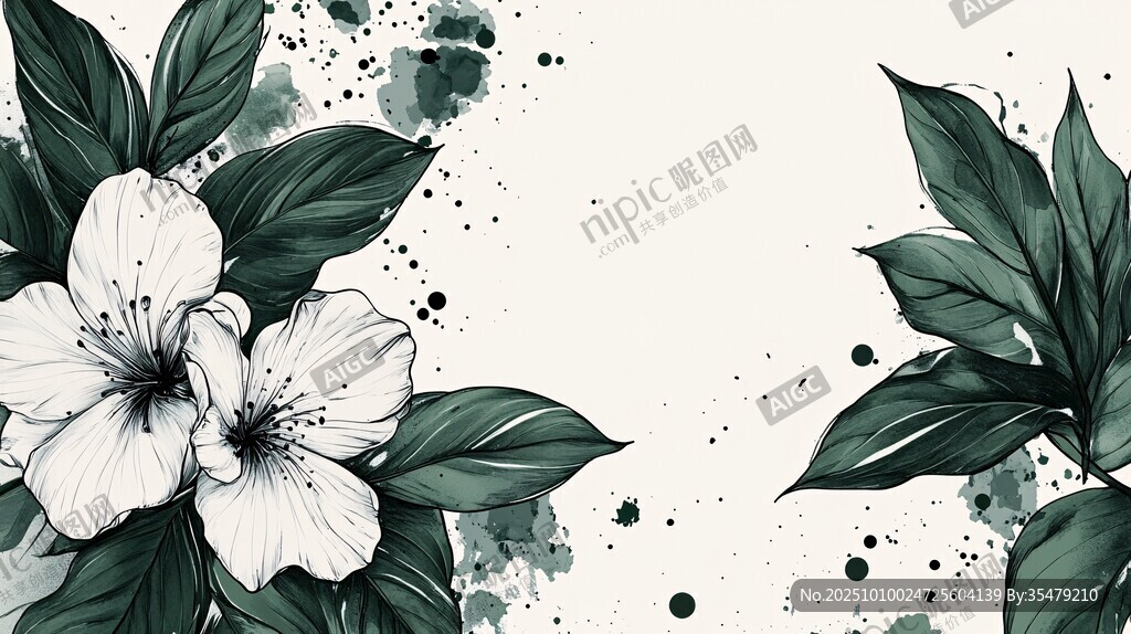 水墨风花卉绿叶装饰图