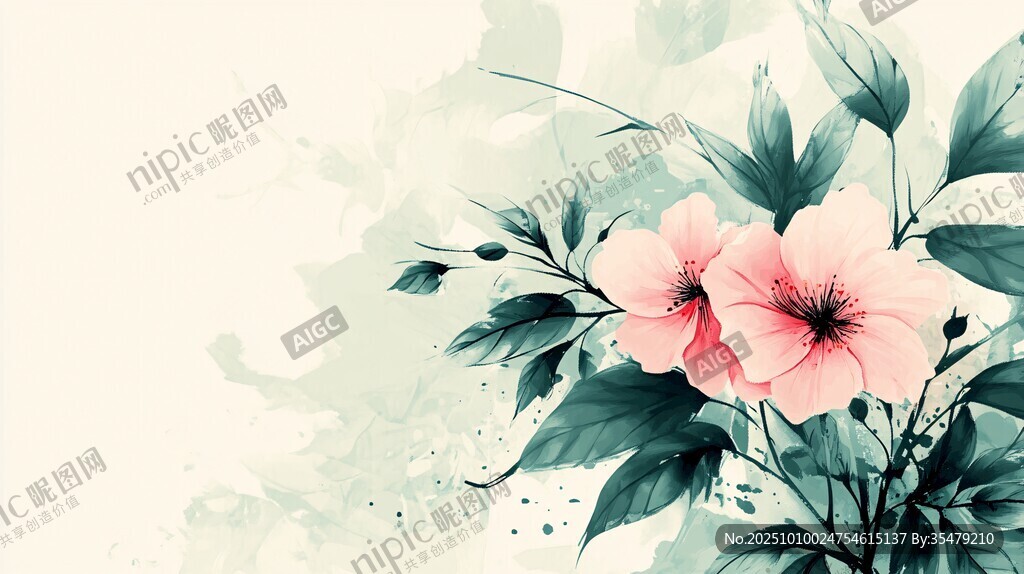 水墨风粉色花卉清新图