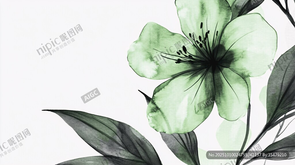 水墨风绿花叶片插画