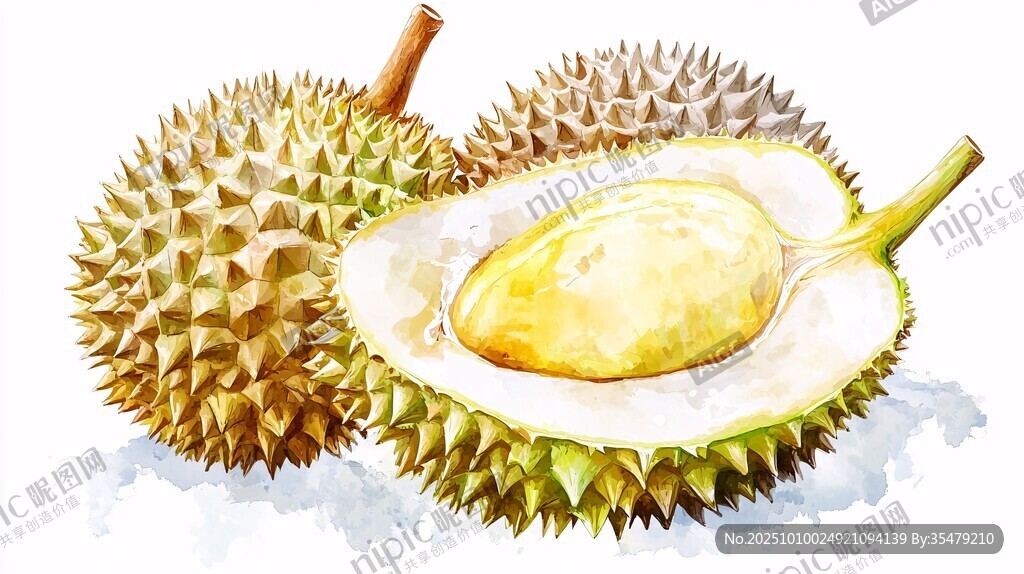 水彩绘榴莲 饱满果肉诱人