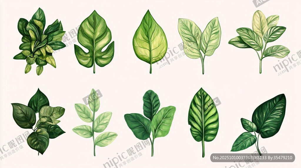 手绘多样绿植叶片集合