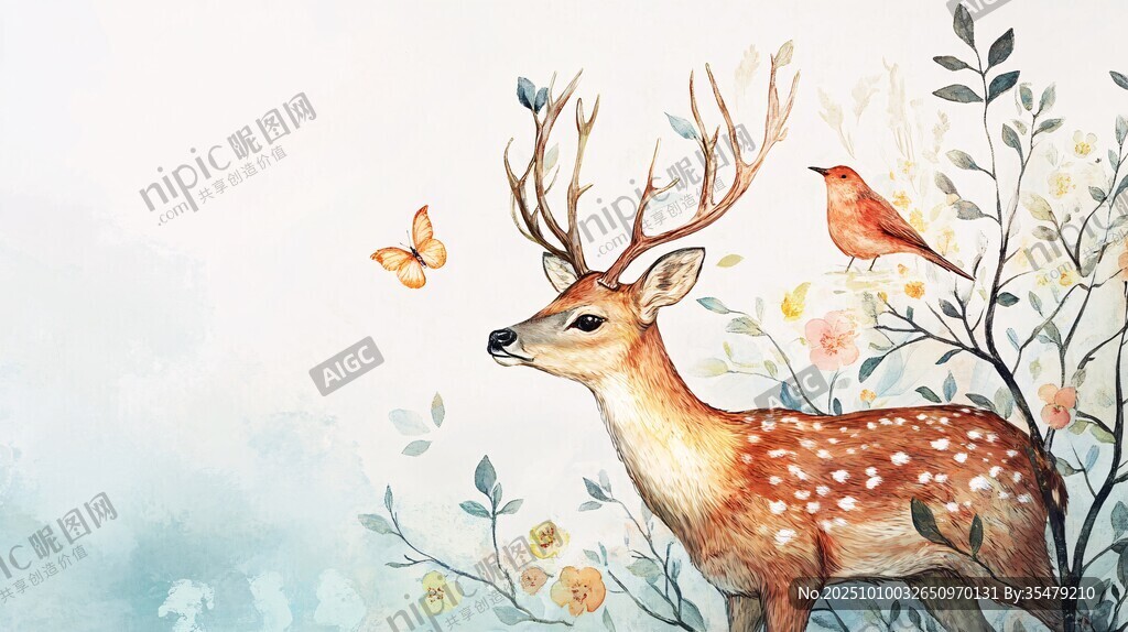 梦幻小鹿与花鸟的自然图景