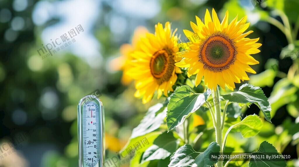 阳光下向日葵与温度计