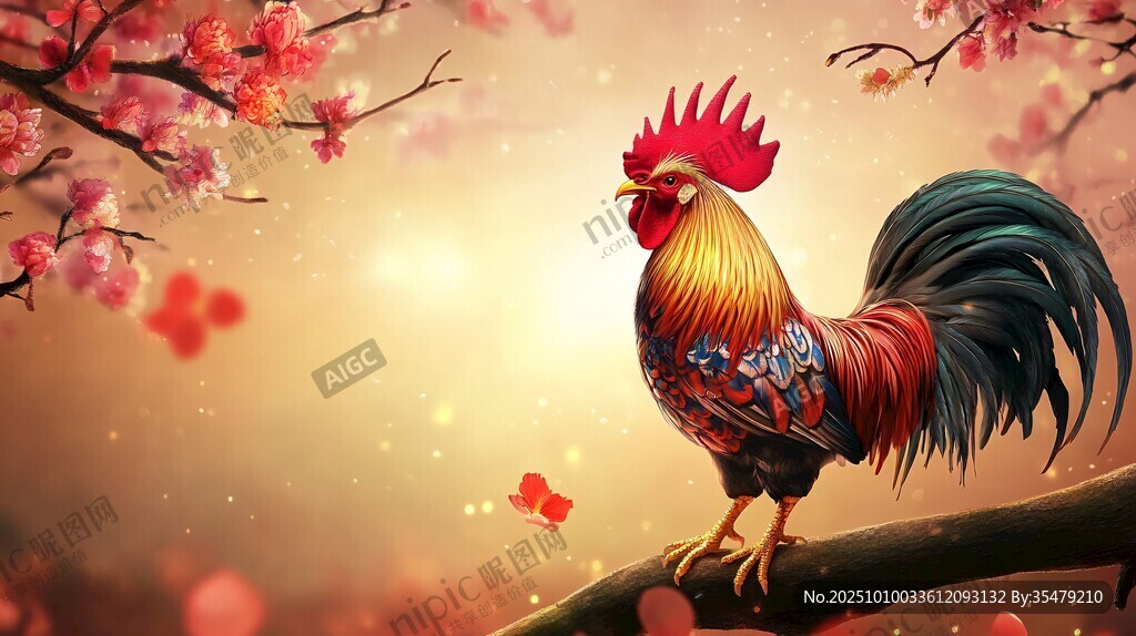 金鸡立于繁花枝头