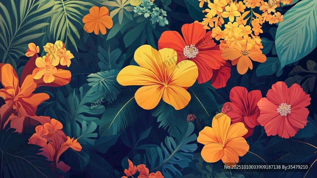 绚丽多彩热带花卉插画