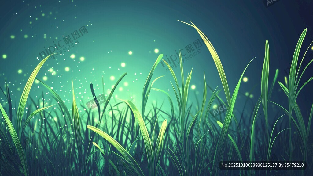夏夜萤光下的青青草地