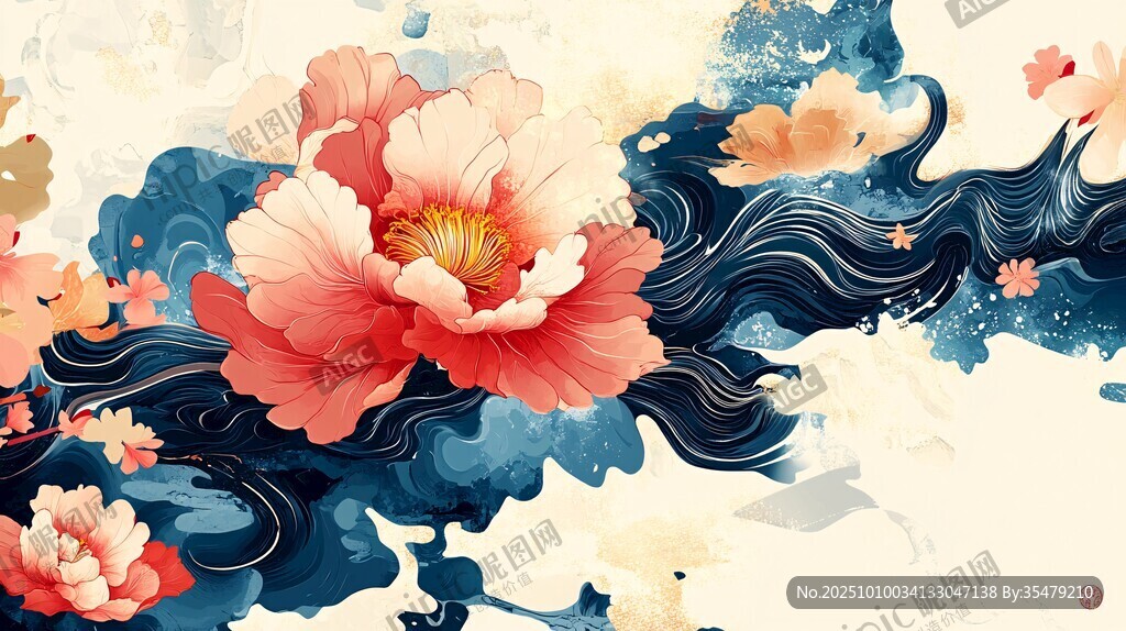 水墨牡丹与灵动波纹图景