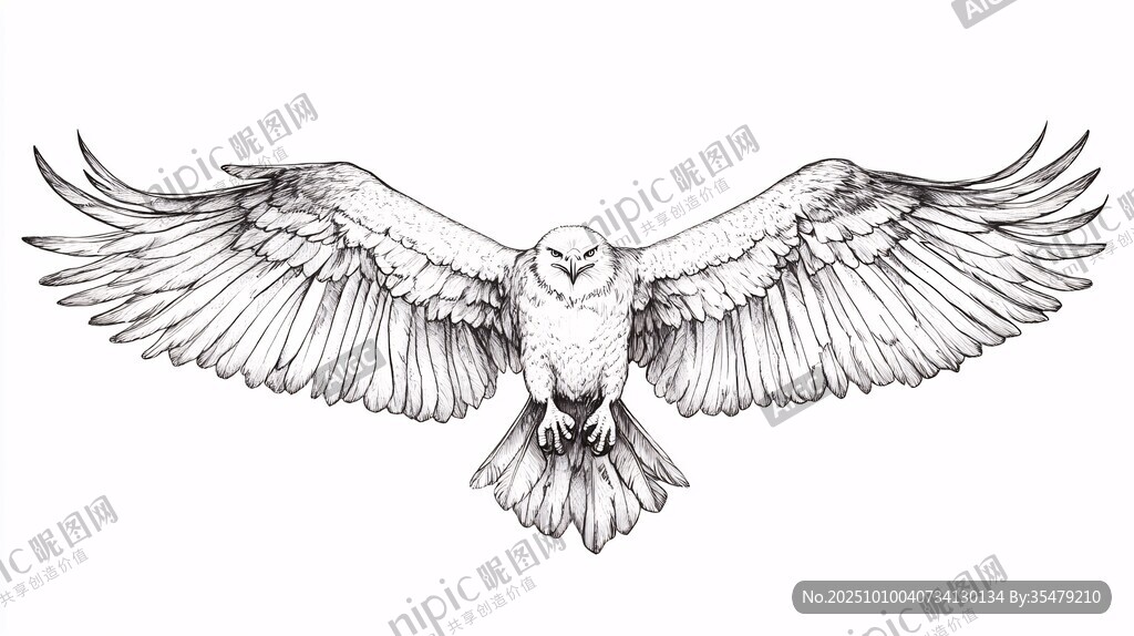 展翅翱翔的雄鹰黑白插画