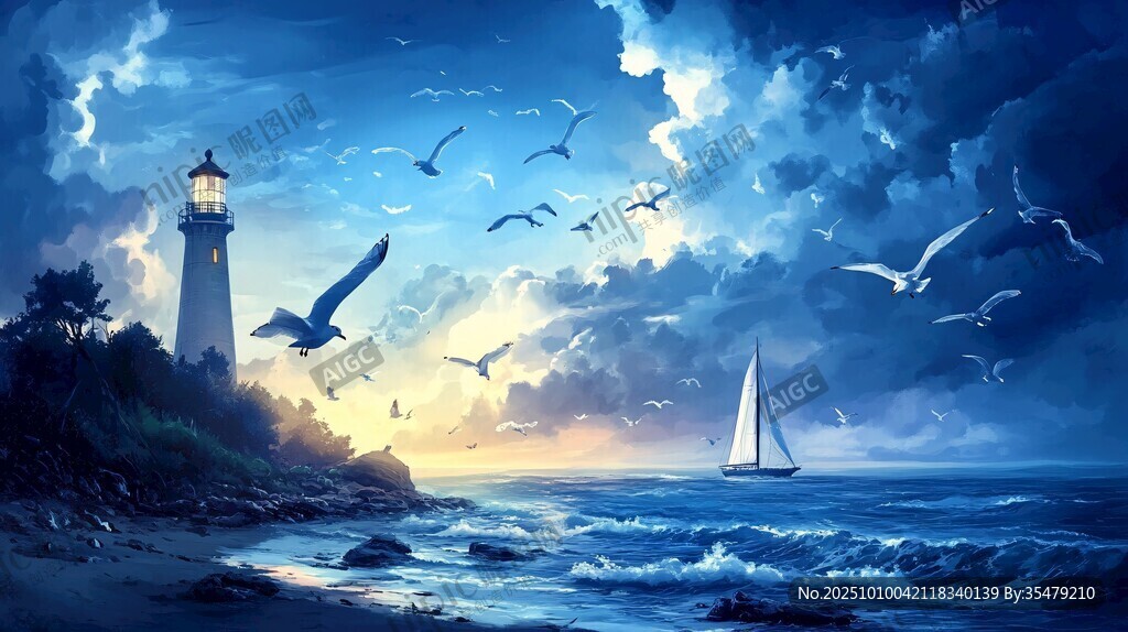 海边灯塔下的浪漫黄昏