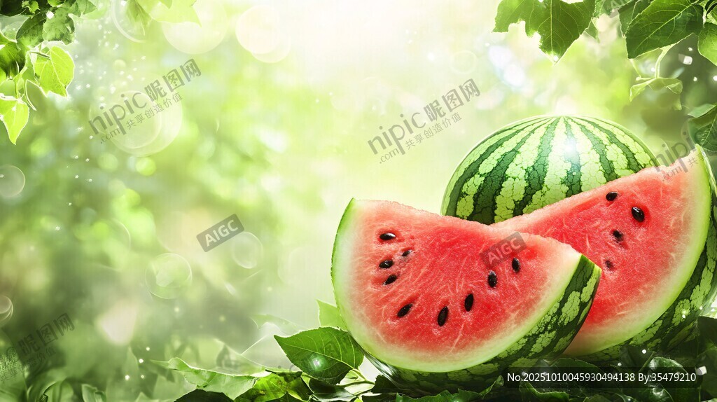 夏日清新西瓜与绿叶景致