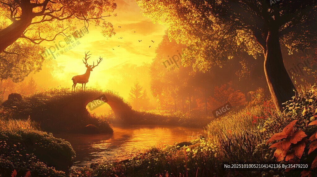 黄昏鹿影 梦幻森林之景