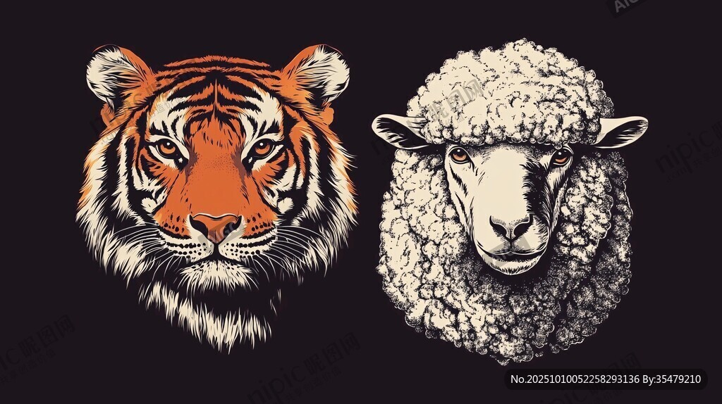 虎羊头像插画设计