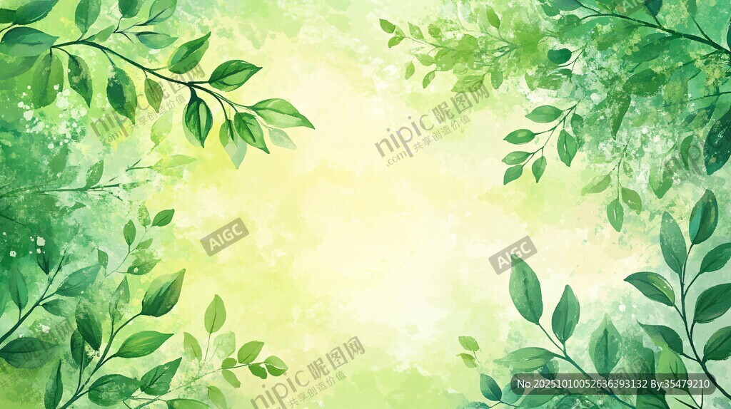 清新绿叶水彩背景图