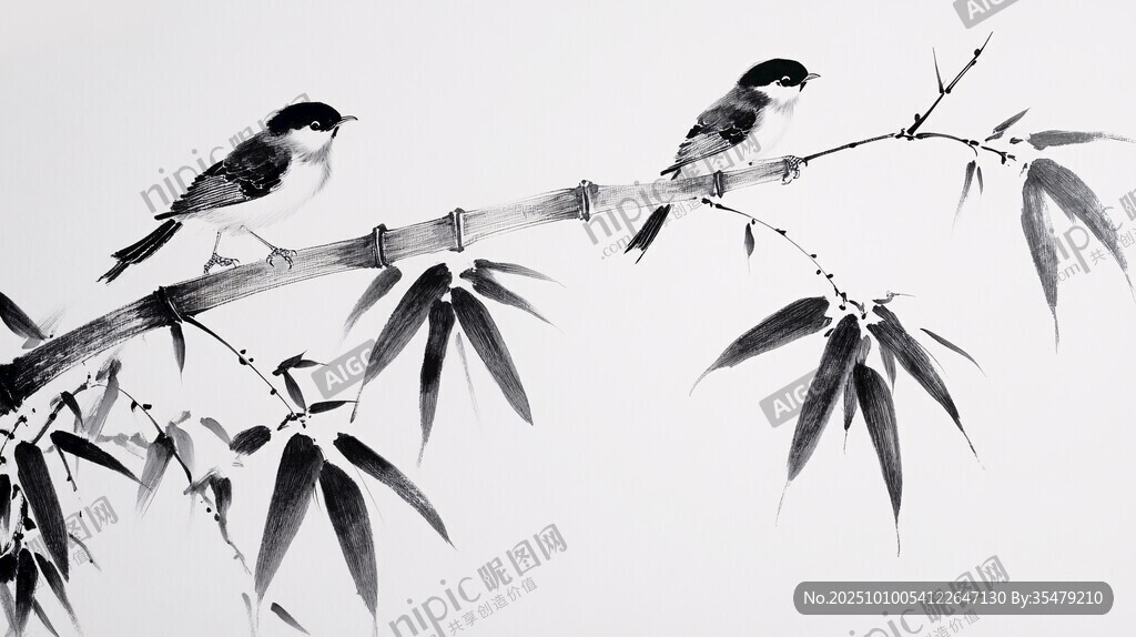 竹枝上的双鸟水墨画