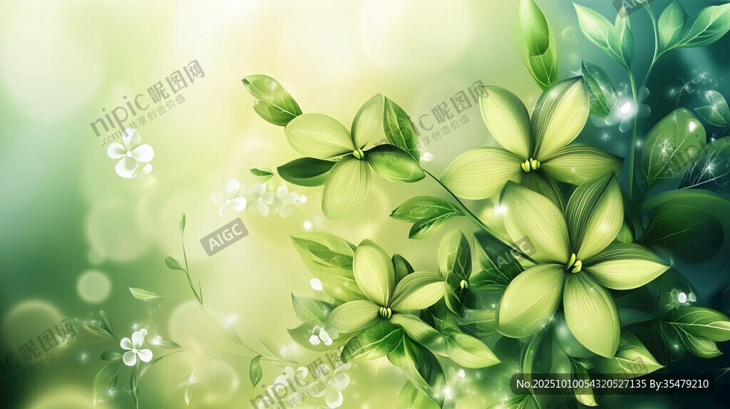清新绿意花卉梦幻背景图