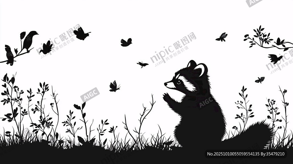 浣熊赏蝶于花草间