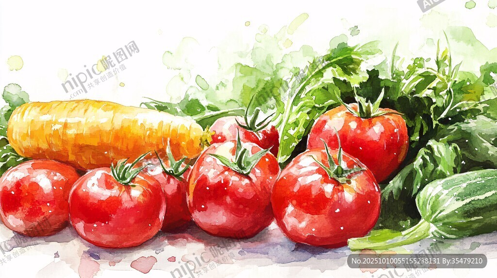 水彩绘就的新鲜蔬菜组合