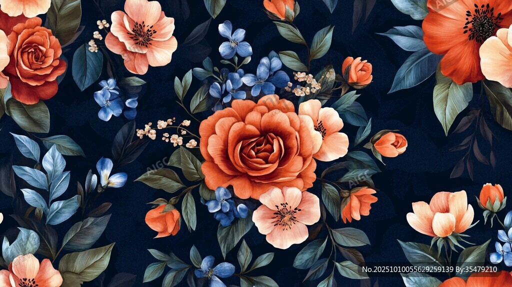 深蓝色底花卉图案设计