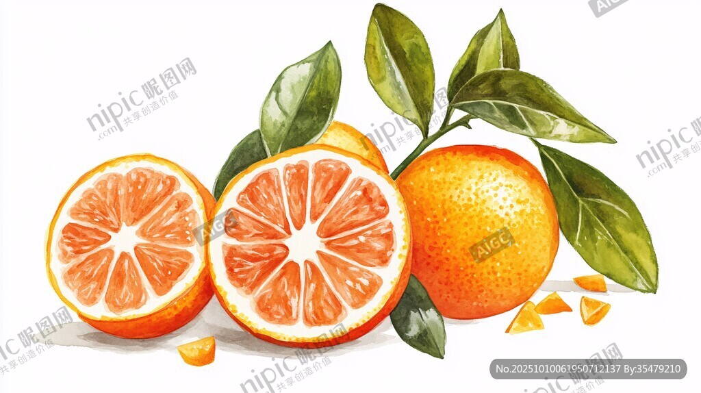 水彩风新鲜柑橘与绿叶