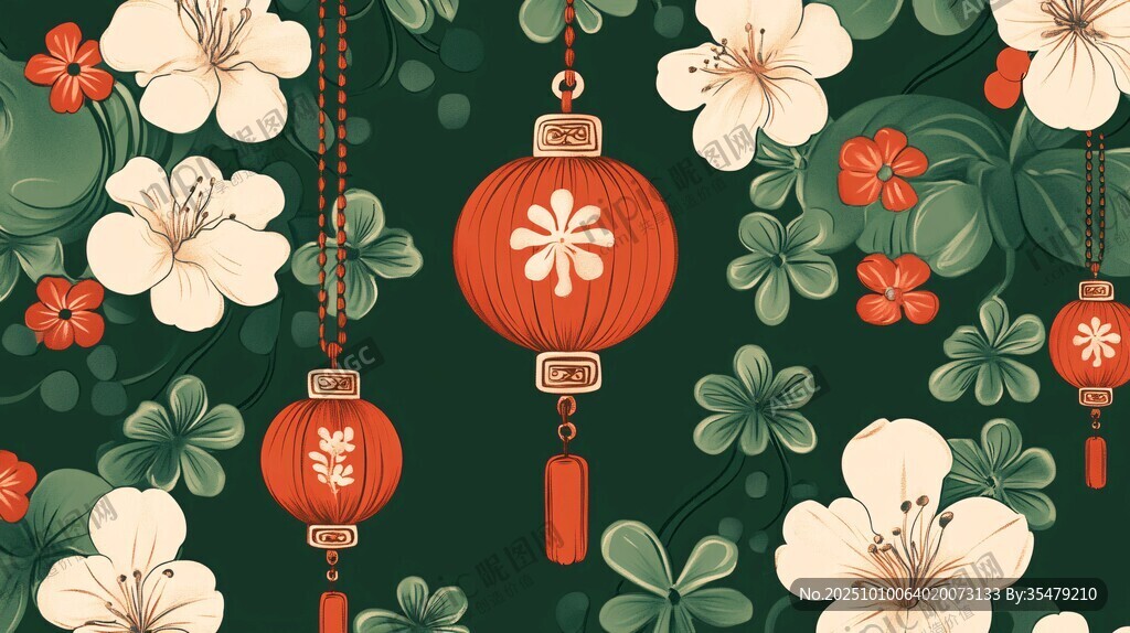 中式花卉灯笼喜庆图案