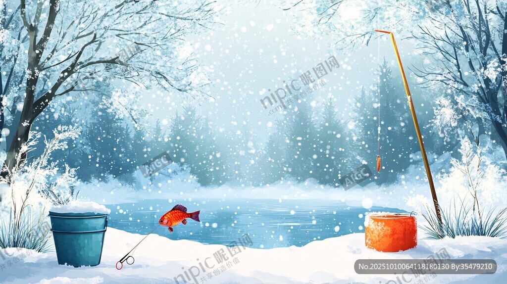 雪地湖畔的趣味垂钓场景