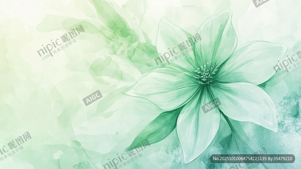 清新绿调花朵水彩背景图