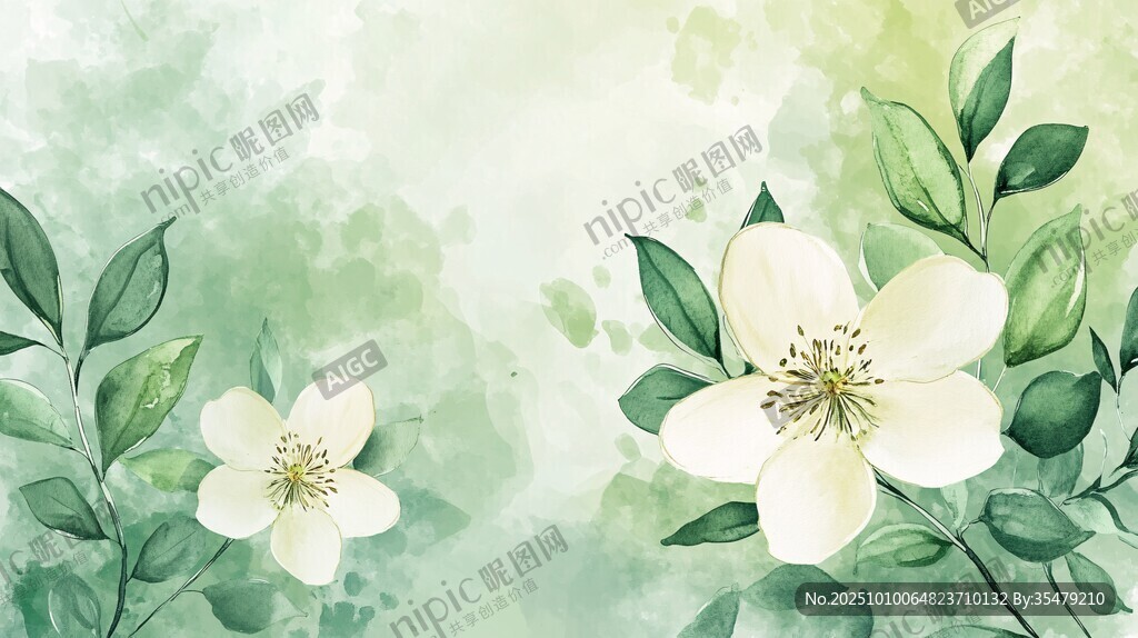 清新水彩风绿叶白花背景图