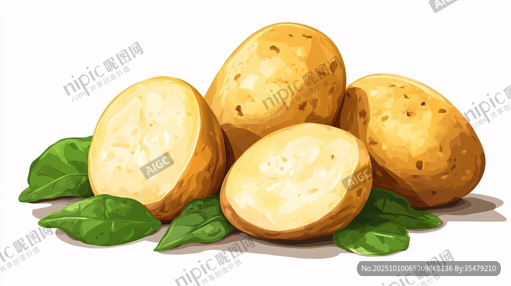 新鲜土豆与绿叶插画