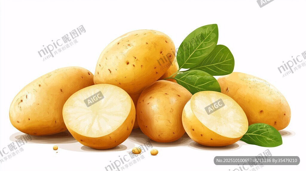 新鲜土豆堆叠带绿叶展示