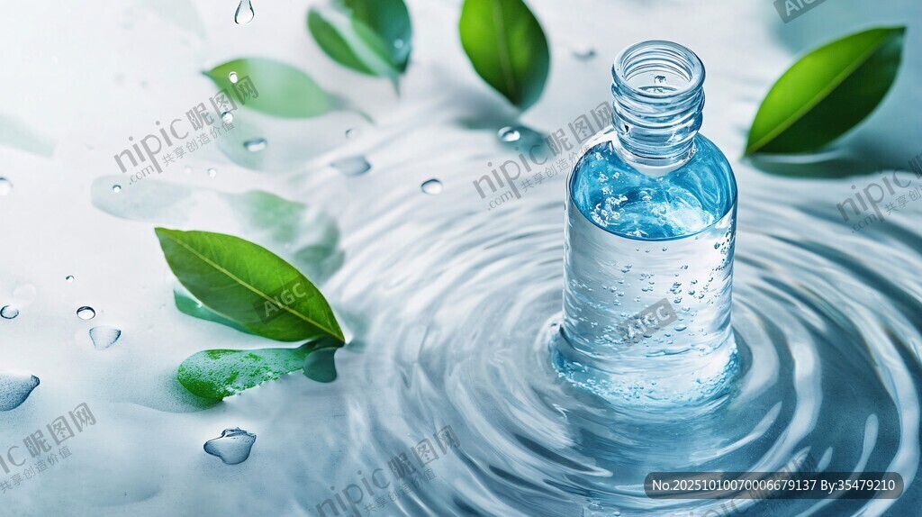 清新水瓶与绿叶水滴意境图